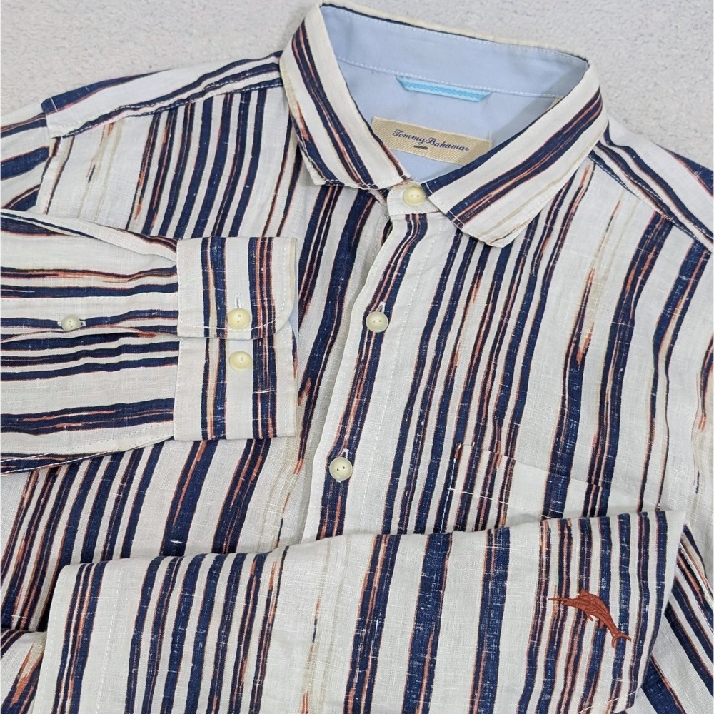 Tommy Bahama Mens L 100% Linen Button Up Shirt Multicolor Stripe Breathable Logo